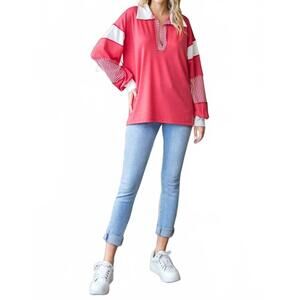 NEW 7TH RAY color block collar oversized long sleeve top in coral